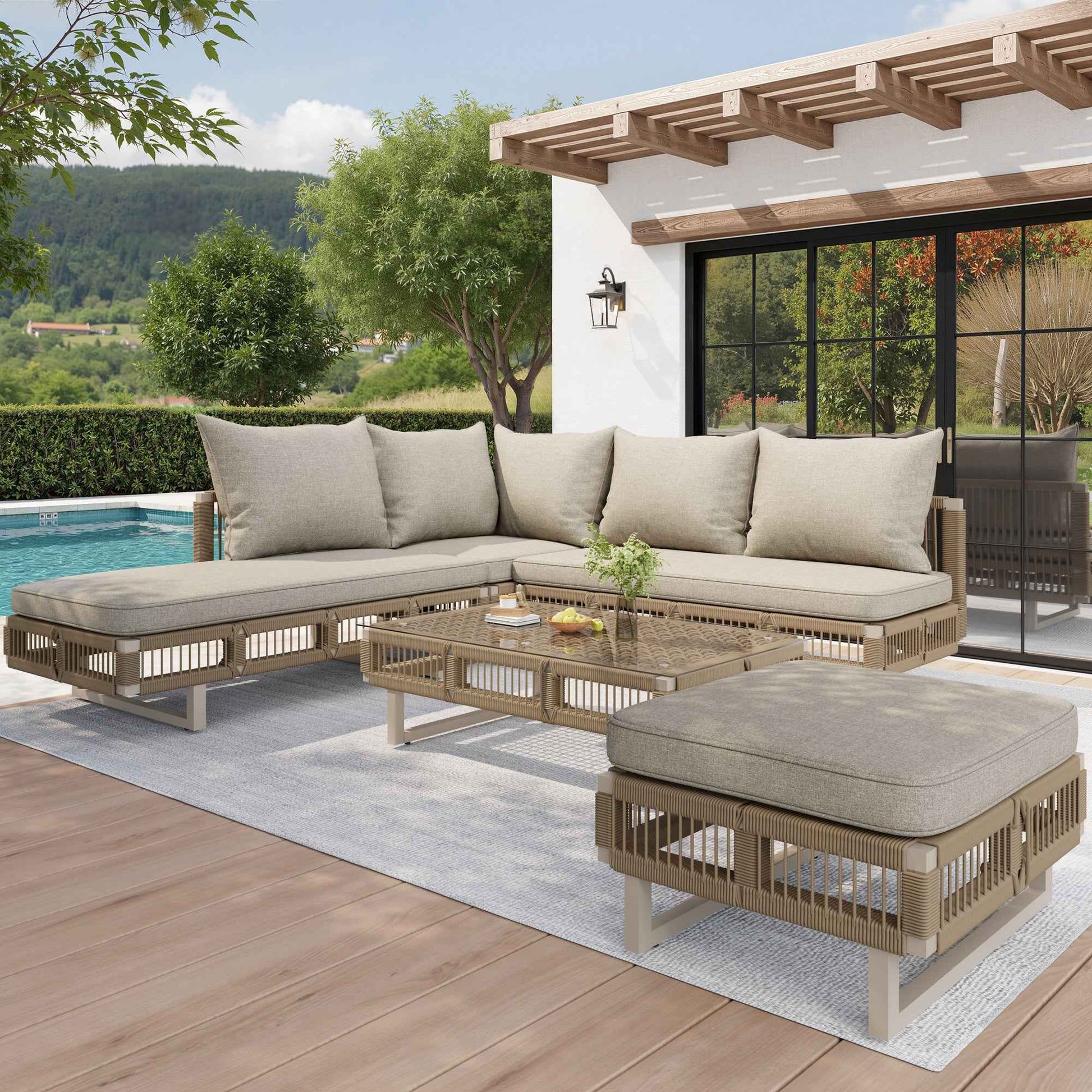 VOIOR Modular Rope-Woven Outdoor Sofa Set With Tempered Glass Coffee Table