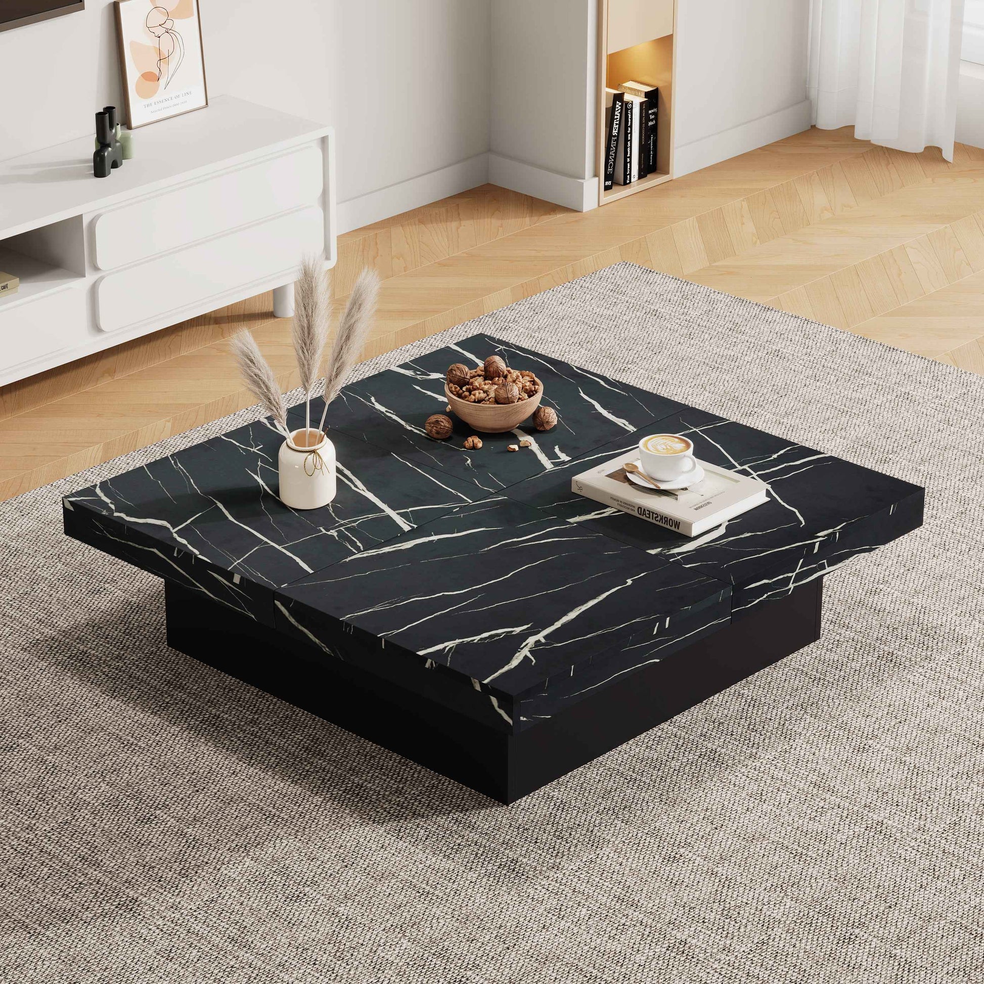 PORTO Modern Square Coffee Table With Marble Look, Centre Tea Table With 4 Sliding Drawers, 90x90 , Black