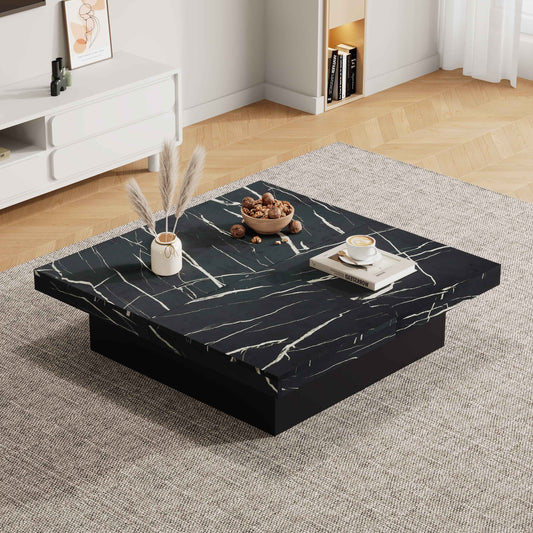 PORTO Modern Square Coffee Table With Marble Look, Centre Tea Table With 4 Sliding Drawers, 90x90 , Black