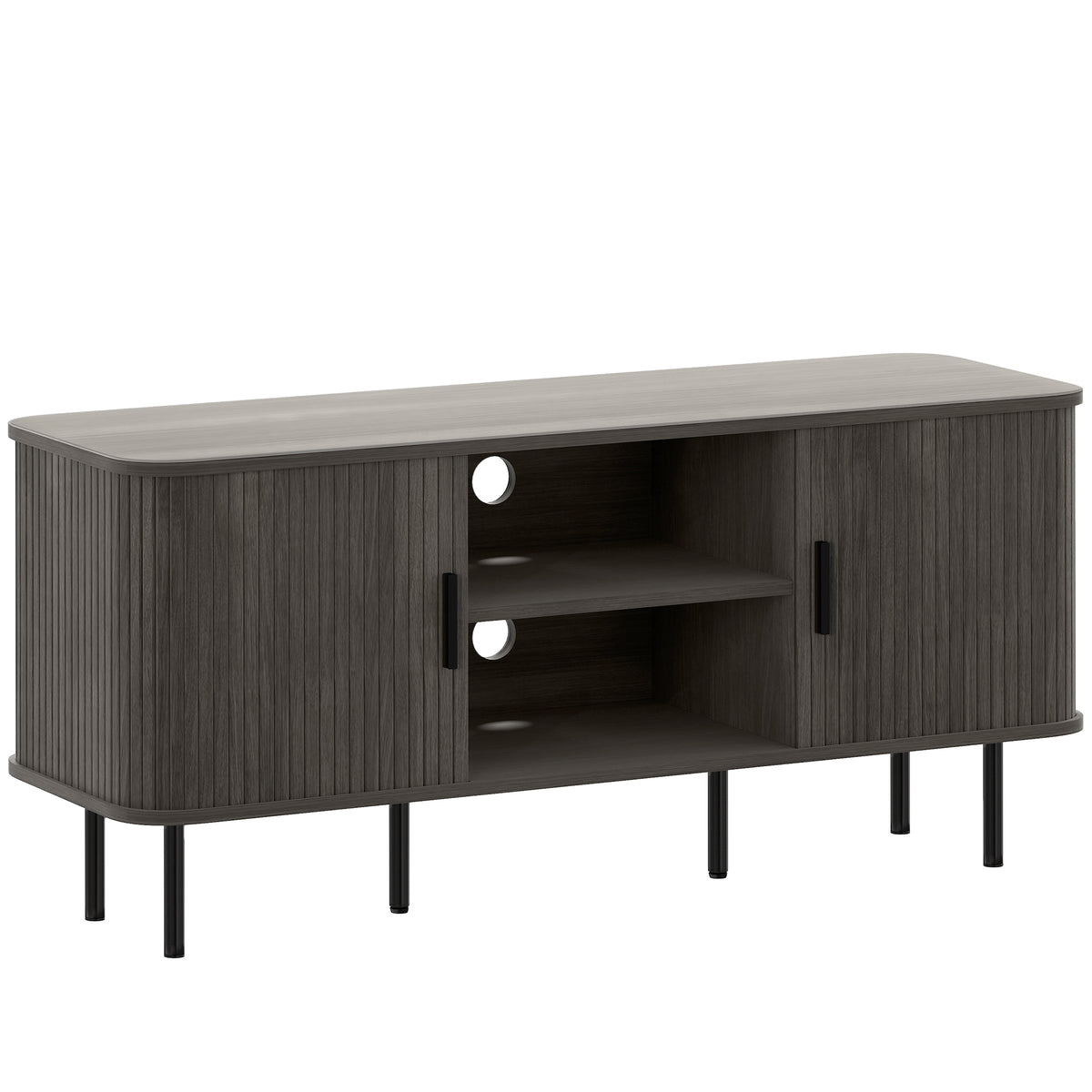 Slatted Wooden TV Cabinet – for TVs up to 55", Tambour Doors & Open Shelves