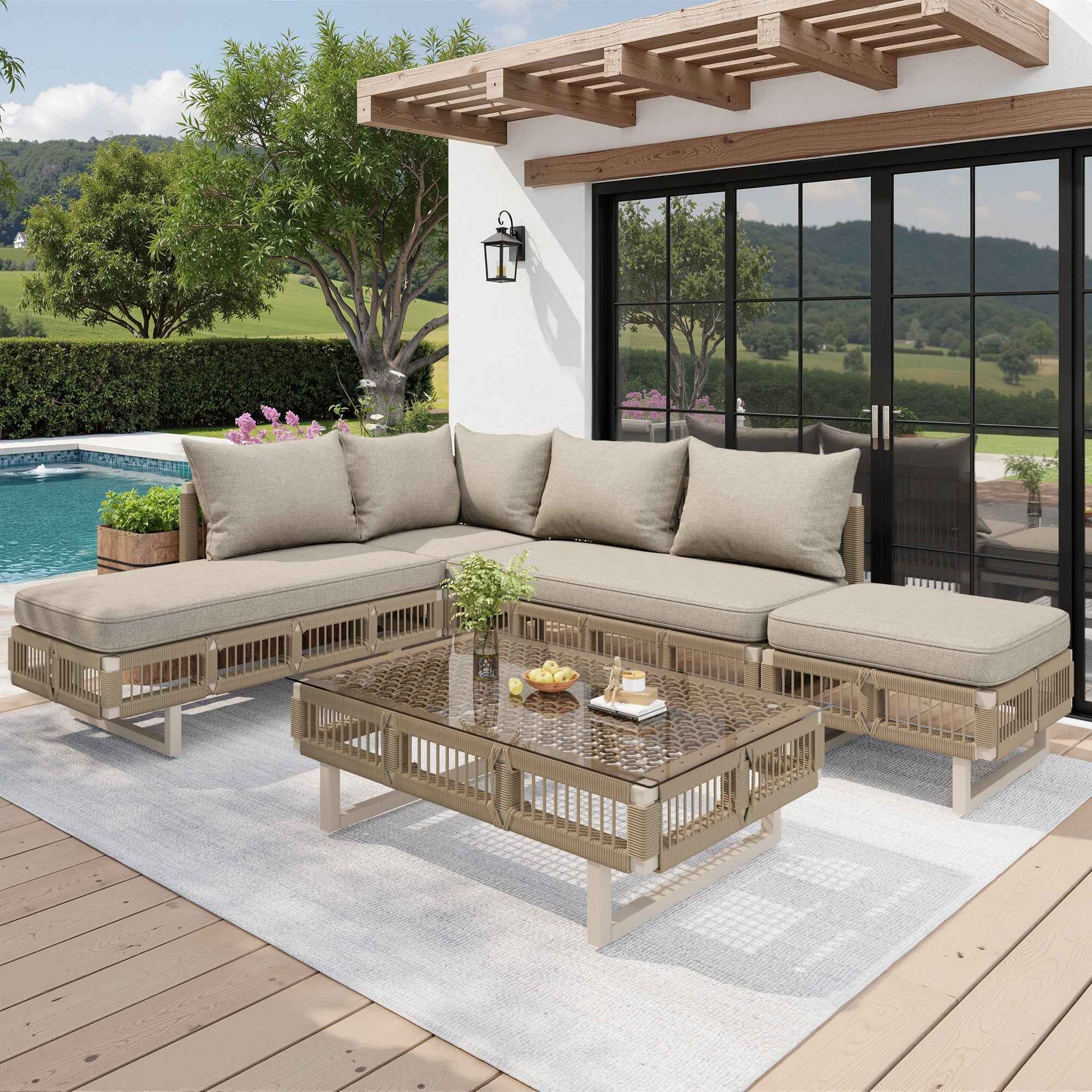 VOIOR Modular Rope-Woven Outdoor Sofa Set With Tempered Glass Coffee Table