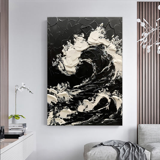 Large Size Hand-painted Black White Sea Waves