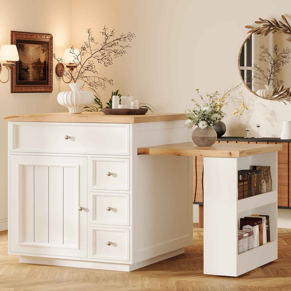 Extendable Kitchen Island | 120-184cm, Drawers & Lockable Casters, White
