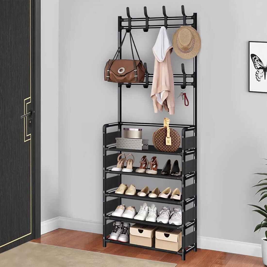 New Coat And Hat Stand 8 Hooks Metal Shoe Rack 5 Tiers Shelf Hanger Black UK