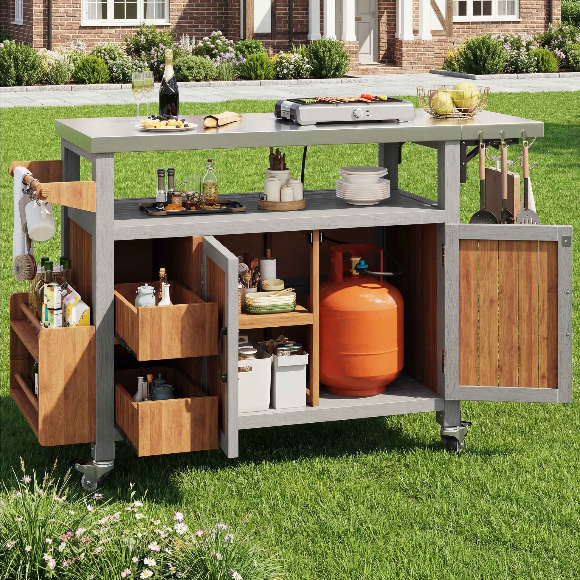 BBQ Side Table, Mobile Garden Cabinet, Weatherproof, Stainless Steel Worktop Solid Wood