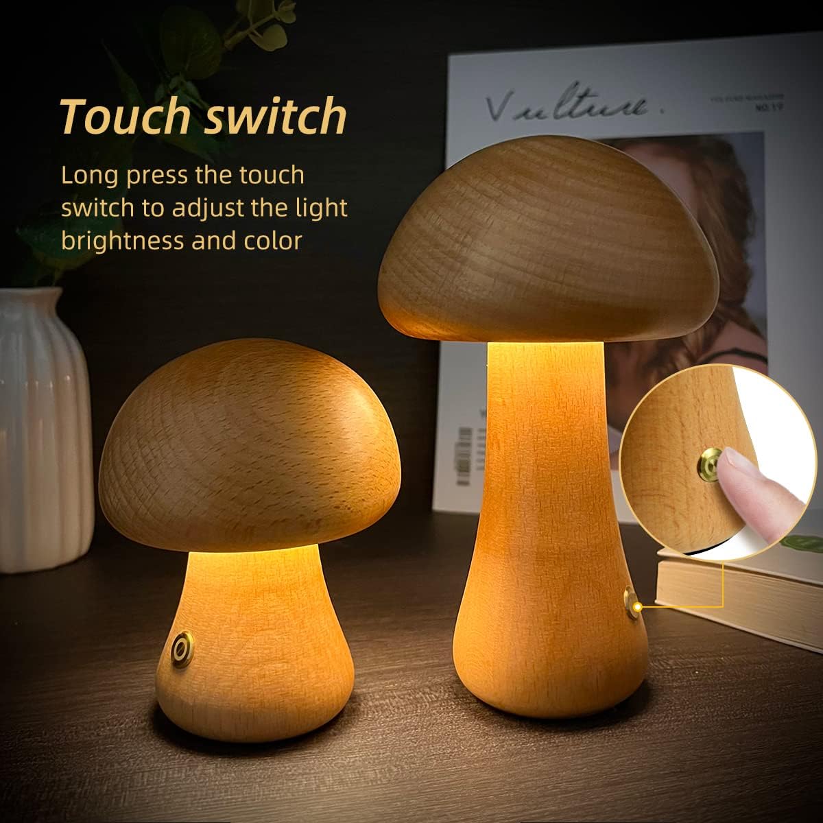 Wooden  Mushroom LED Night Light With Touch Switch