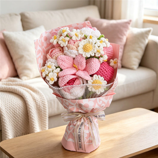 Handmade pink crochet lily and daisy bouquet, gift-wrapped – Kayluz Home