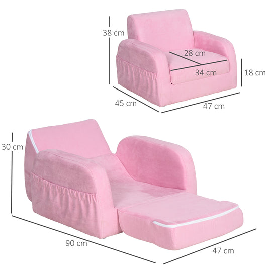 2-in-1 Kids Armchair, Toddler Sofa Bed, With Wood Frame, For Bedroom, Playroom - Pink