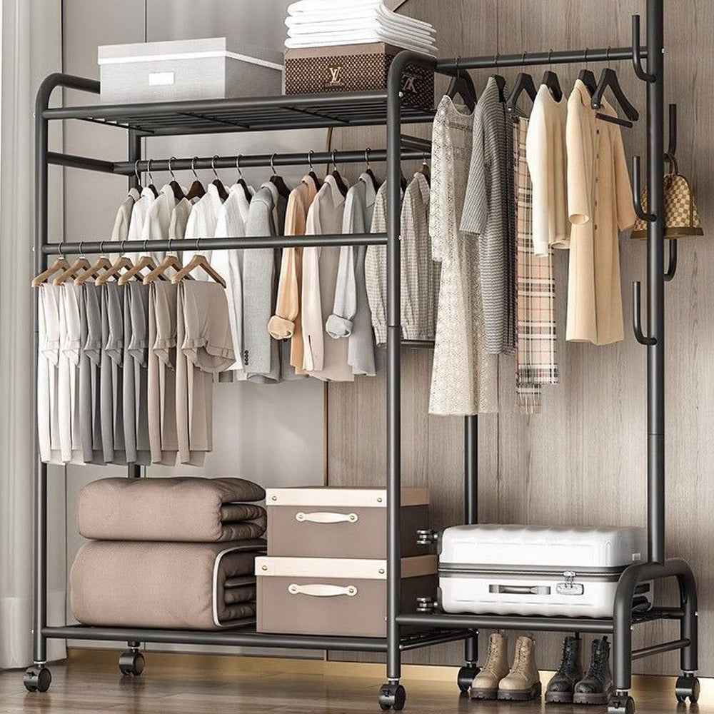 Heavy Duty Double Clothes Rail Rack Garment Hanging Stand Wardrobe Shelf--25Q-WIN-UK-Clothes Black