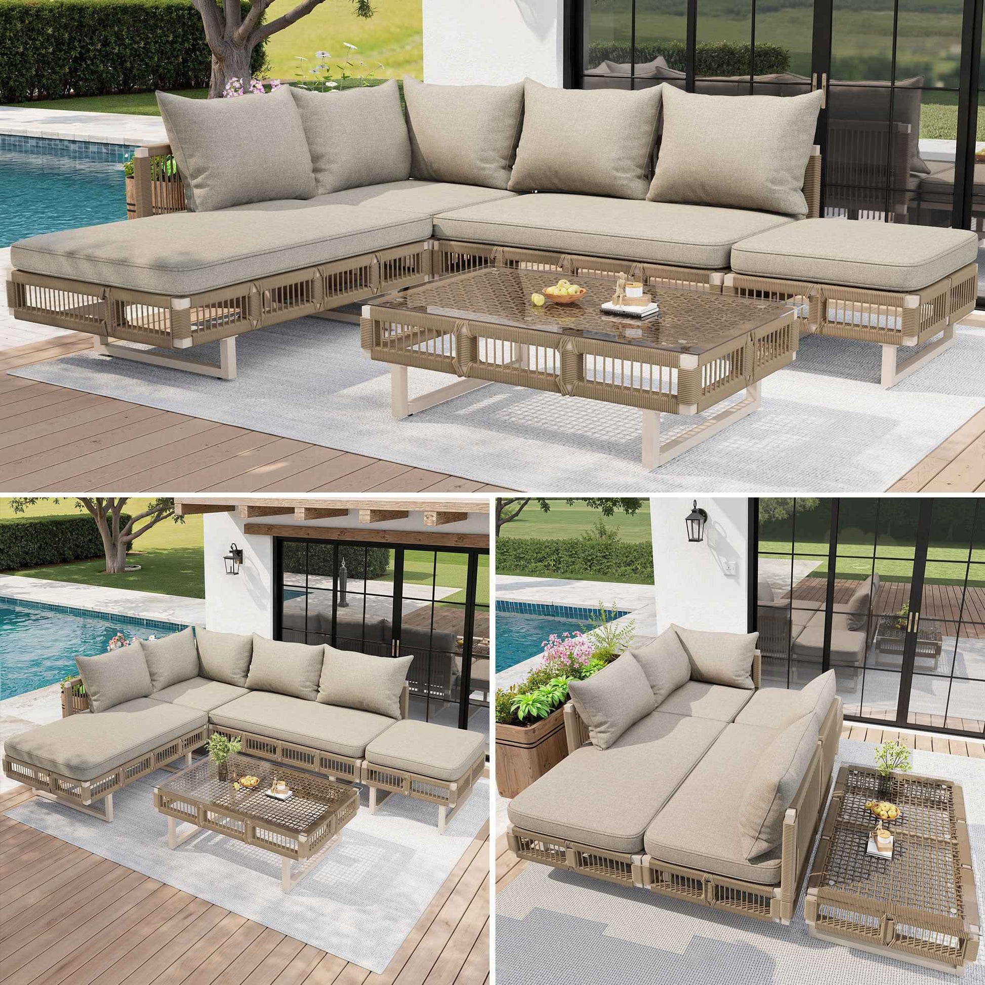 VOIOR Modular Rope-Woven Outdoor Sofa Set With Tempered Glass Coffee Table