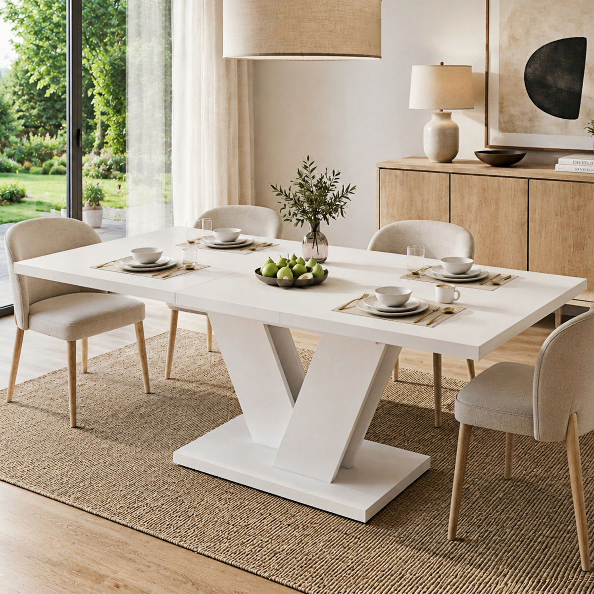 Extendable White Dining Table – 120 to 160 x 80cm, V-Shaped Legs, Seats 4–6