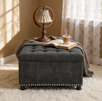 MARLO Square Storage Ottoman – 76cm, Studded Trim, Dark Grey