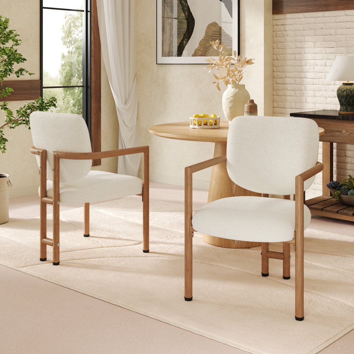 Bouclé Dining Chairs, Set of 2 – Metal Frame with Wood-Grain Finish, Natural