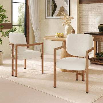 Bouclé Dining Chairs, Set of 2 – Metal Frame with Wood-Grain Finish, Natural