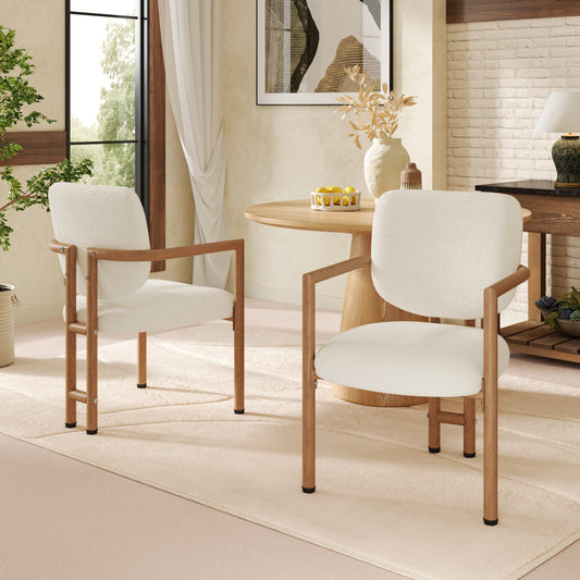 Bouclé Dining Chairs, Set of 2 – Metal Frame with Wood-Grain Finish, Natural