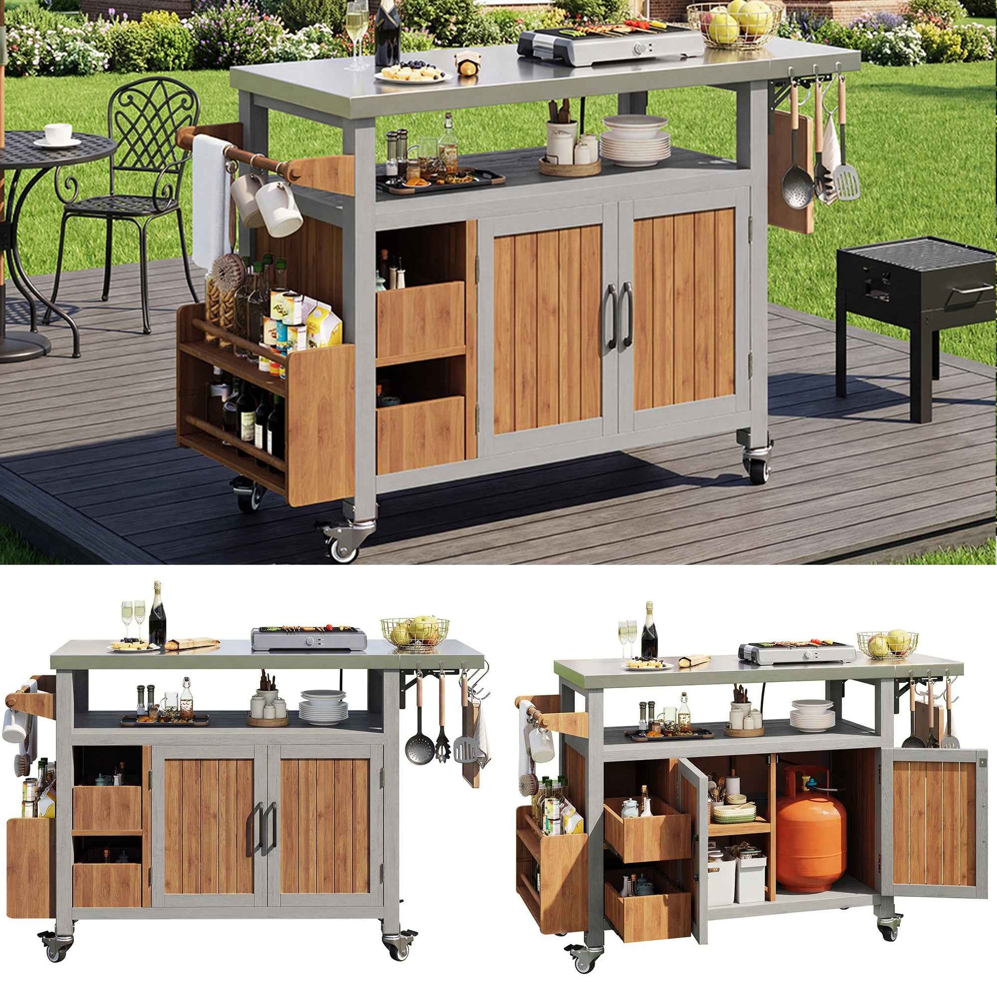 BBQ Side Table, Mobile Garden Cabinet, Weatherproof, Stainless Steel Worktop Solid Wood