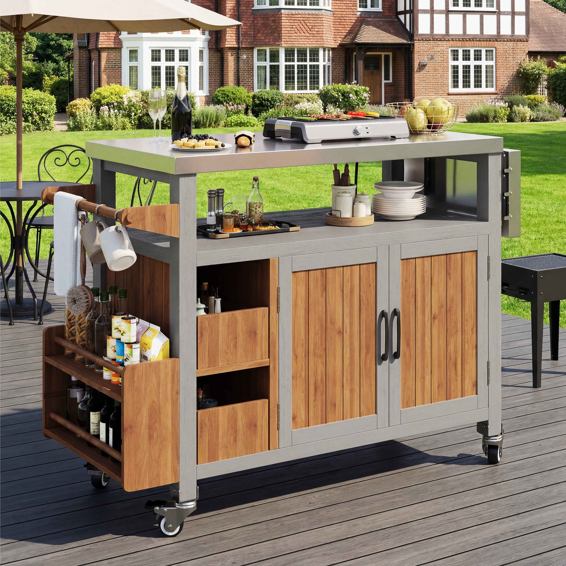 BBQ Side Table, Mobile Garden Cabinet, Weatherproof, Stainless Steel Worktop Solid Wood