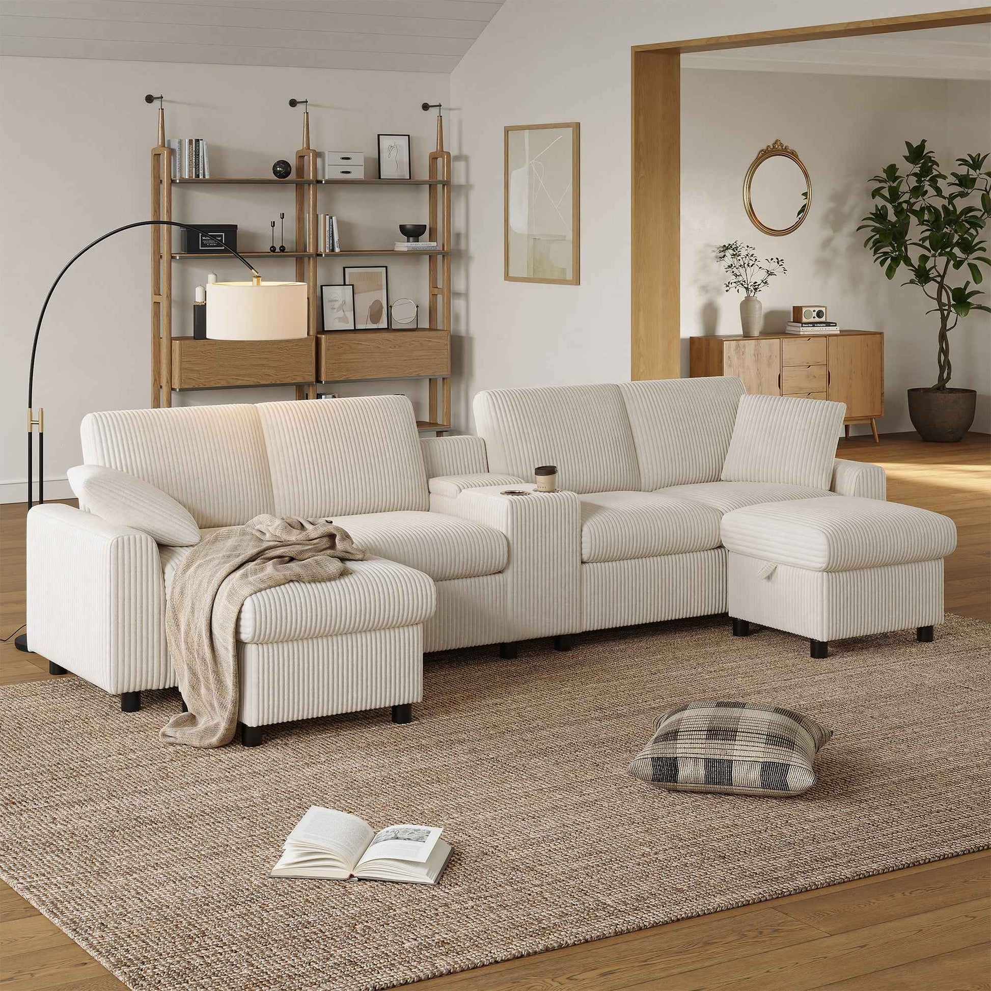 VANELY Comfy Corduroy U-shaped Sectional Sofa With 2 Movable Storage Ottomans, 315 X 135 X 81 CM