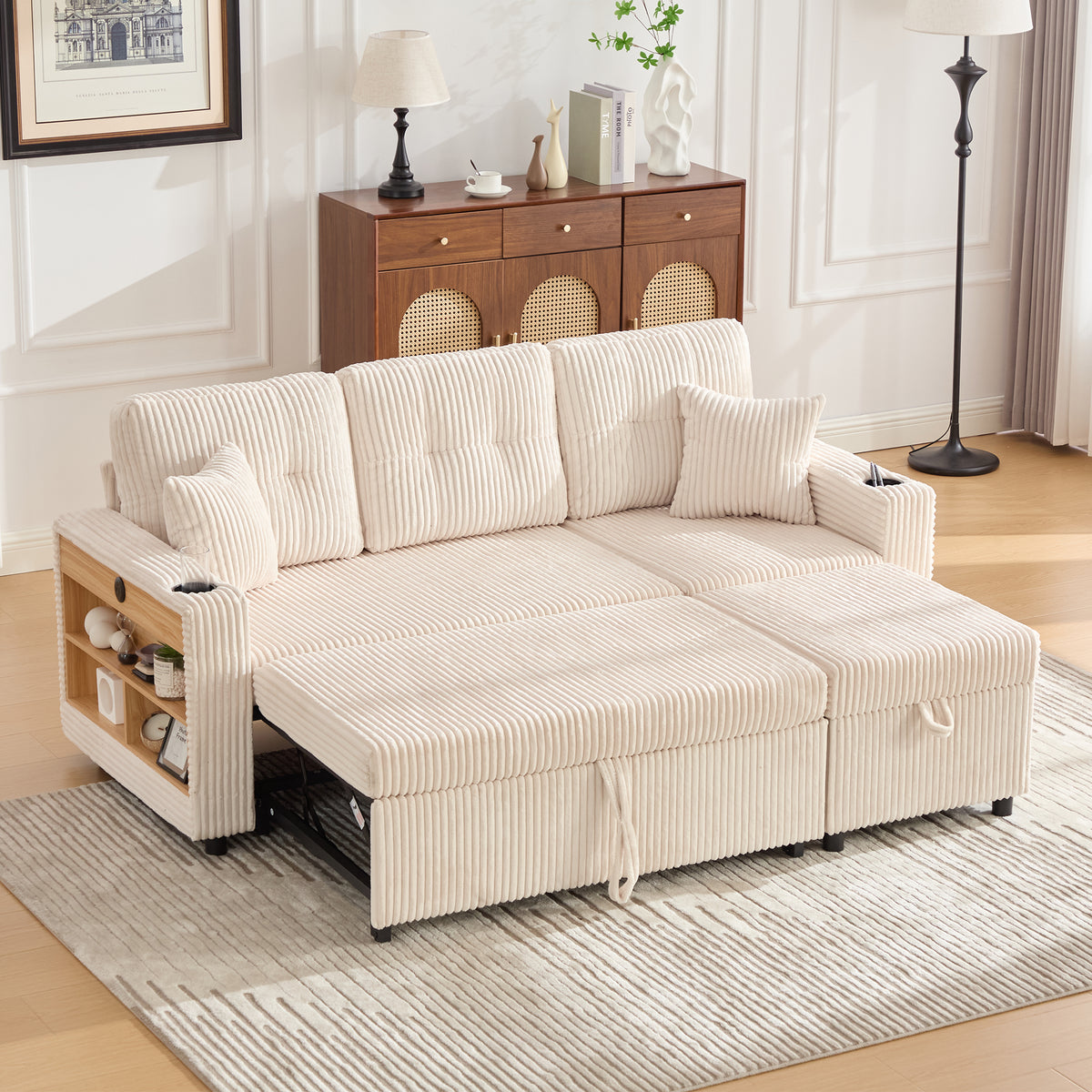 LUNA Corduroy Sofa Bed with Storage – Pull-Out Bed, USB-C & LED Lights, Beige