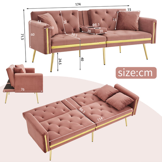 Two-seater Sofa Bed With Adjustable Backrest, Gold Accents And Built-in Cup Holders - Convertible Into A Comfortable And Space-saving Two-seater Sofa For Both The Living Room And Bedroom
