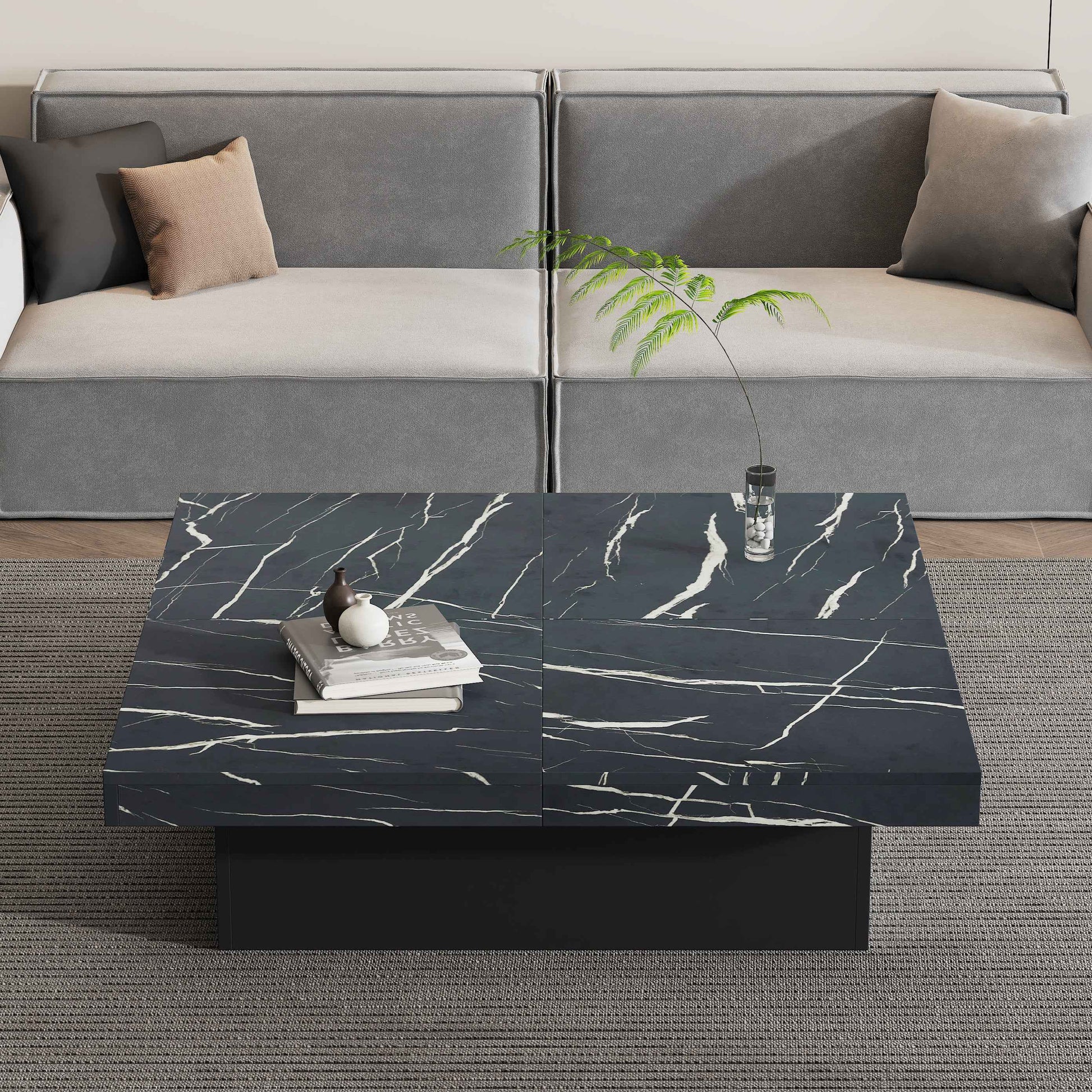 PORTO Modern Square Coffee Table With Marble Look, Centre Tea Table With 4 Sliding Drawers, 90x90 , Black