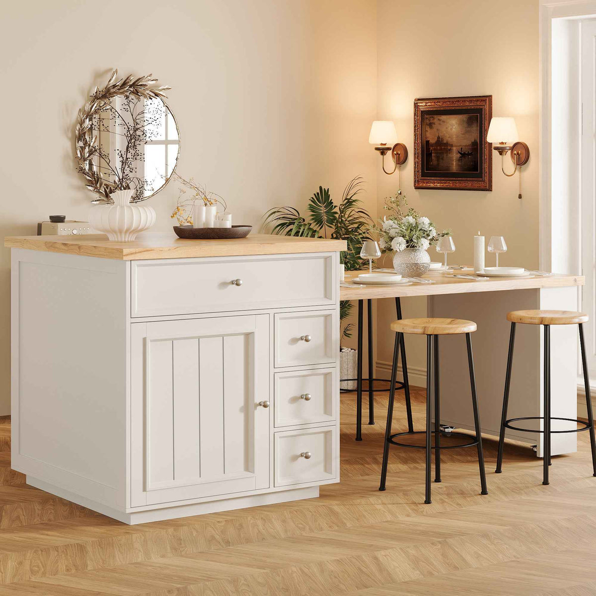 Extendable Kitchen Island | 120-184cm, Drawers & Lockable Casters, White
