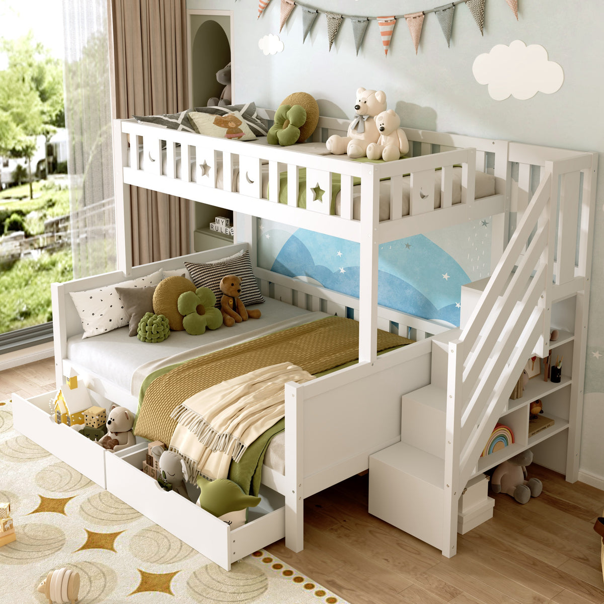 Star & Moon Wooden Bunk Bed with Stairs & Storage – 3ft Single (90 x 190cm), White