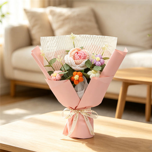 Handmade pink crochet rose bouquet, gift-wrapped – view 2