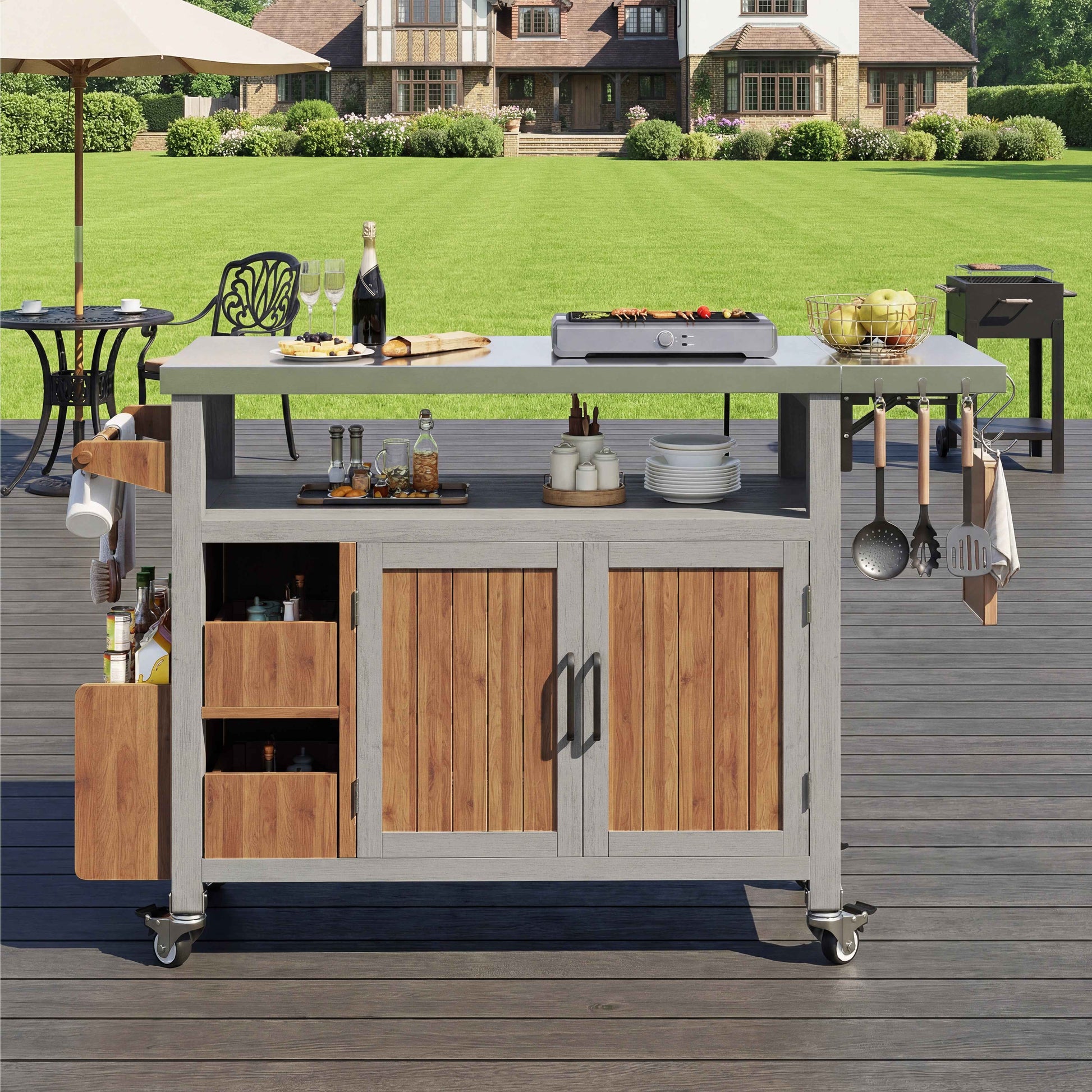 BBQ Side Table, Mobile Garden Cabinet, Weatherproof, Stainless Steel Worktop Solid Wood