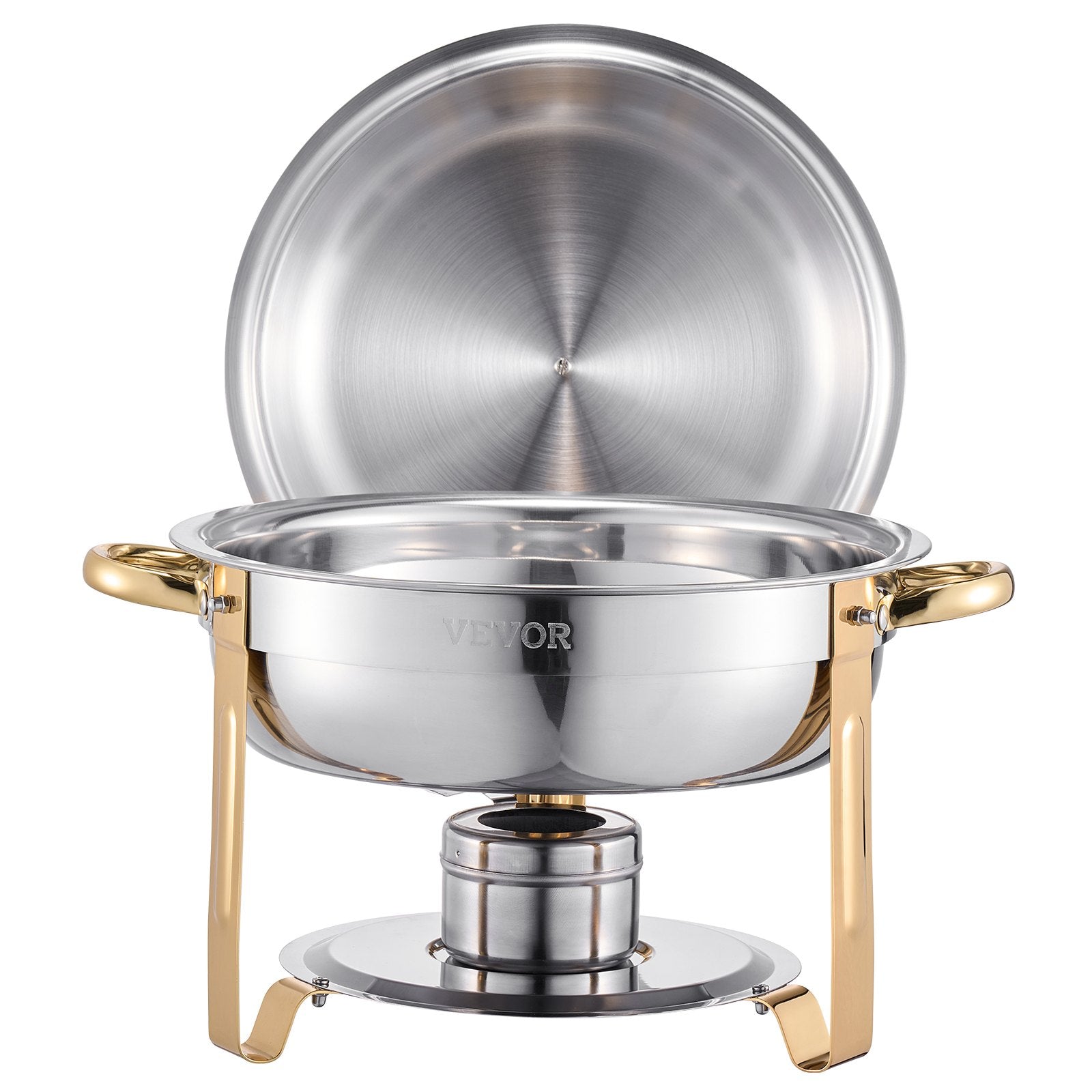 Stainless steel chafing dish with gold accents on a white background