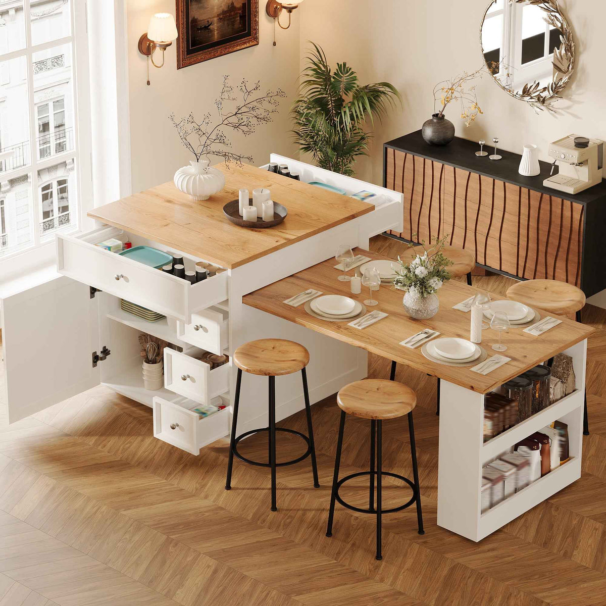 Extendable Kitchen Island | 120-184cm, Drawers & Lockable Casters, White