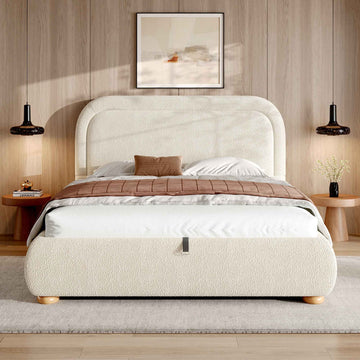 Double Bed 4ft6 | Bouclé Ottoman, Hydraulic Storage & Curved Headboard, Beige