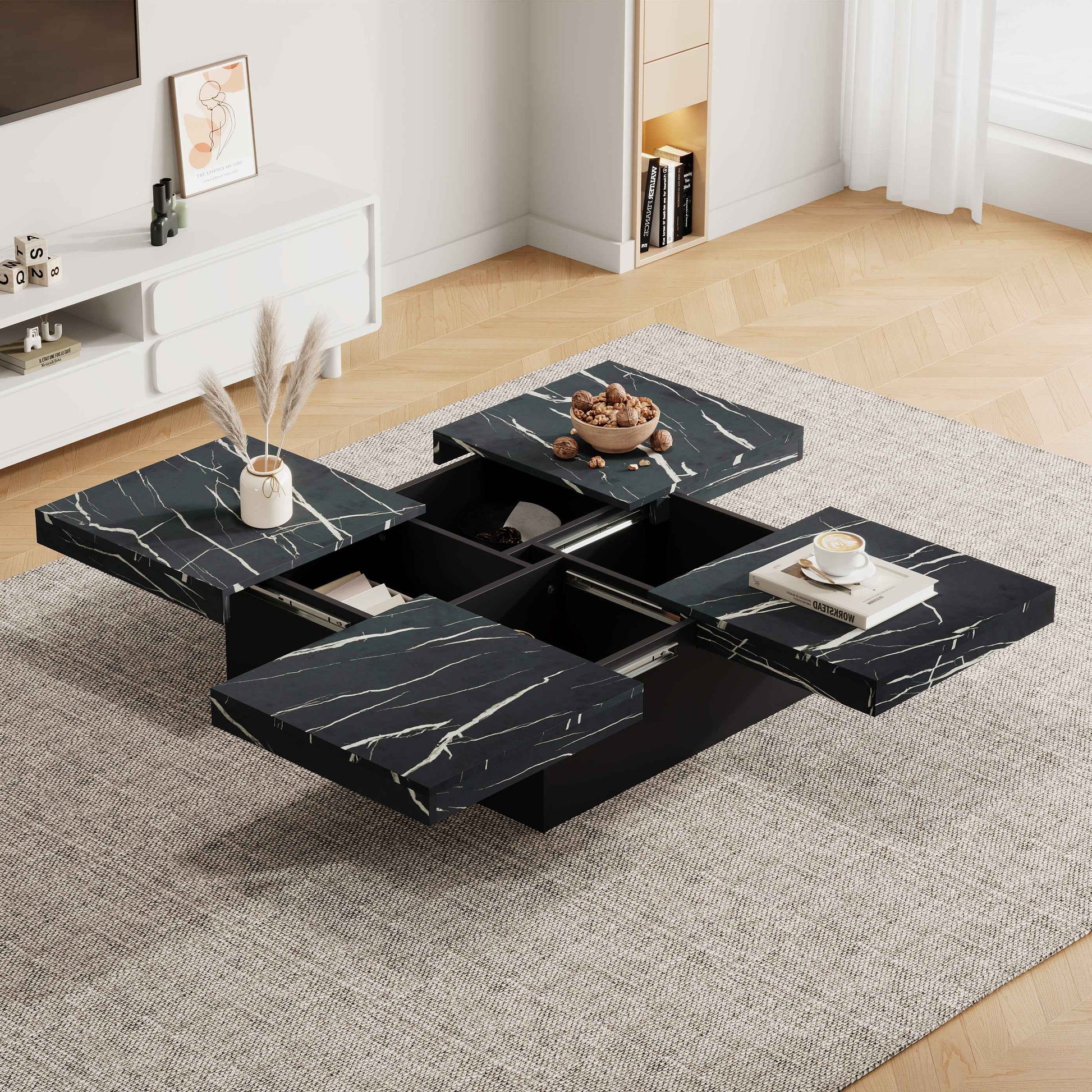 PORTO Modern Square Coffee Table With Marble Look, Centre Tea Table With 4 Sliding Drawers, 90x90 , Black