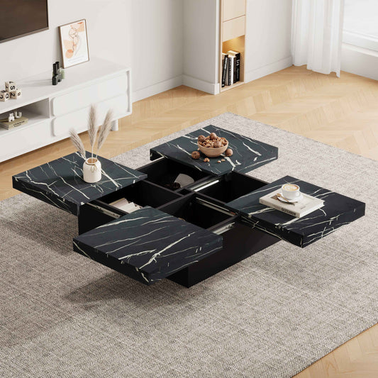 PORTO Modern Square Coffee Table With Marble Look, Centre Tea Table With 4 Sliding Drawers, 90x90 , Black