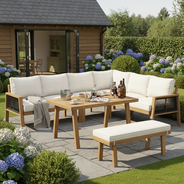 6-7 Seater Garden Lounge & Dining Set, Acacia Wood Frame Outdoor Patio Furniture