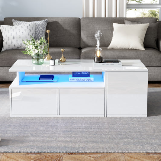 High Gloss Coffee Table With Open Storage, LED Lights, Centre Table With 2 Drawers, Sofa Side Table, Space-saving End Table, Tea Table, 100X50X35cm, White, Particleboard