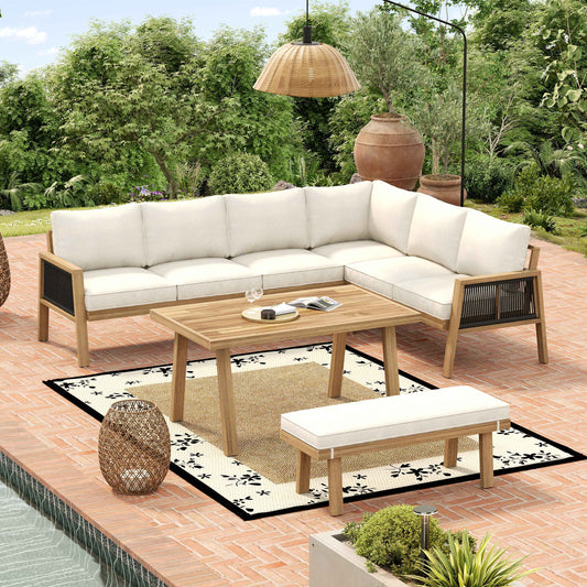 6-7 Seater Garden Lounge & Dining Set, Acacia Wood Frame Outdoor Patio Furniture