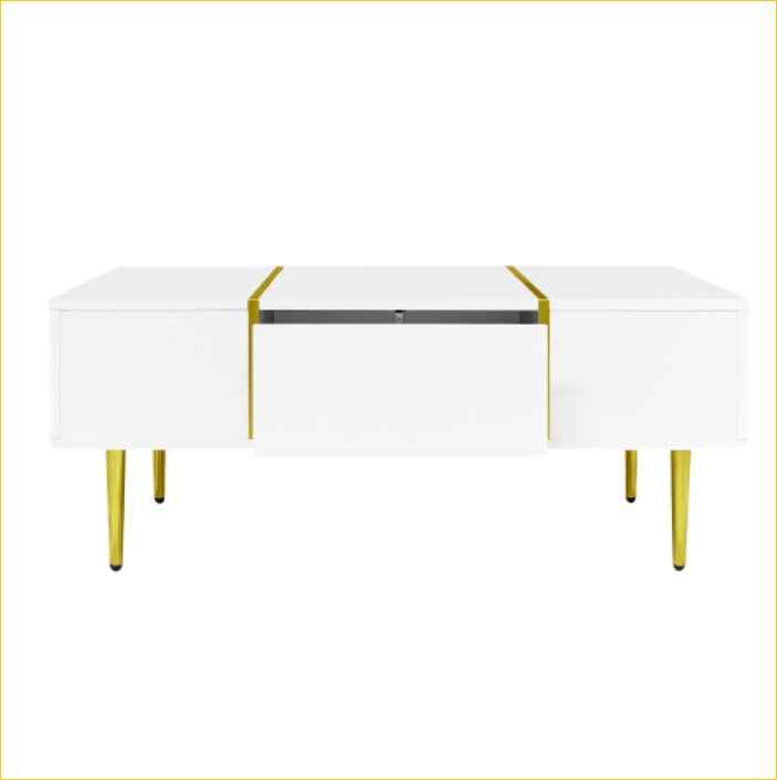 White & Gold Coffee Table | High-Gloss, 2 Drawers, 100x60cm