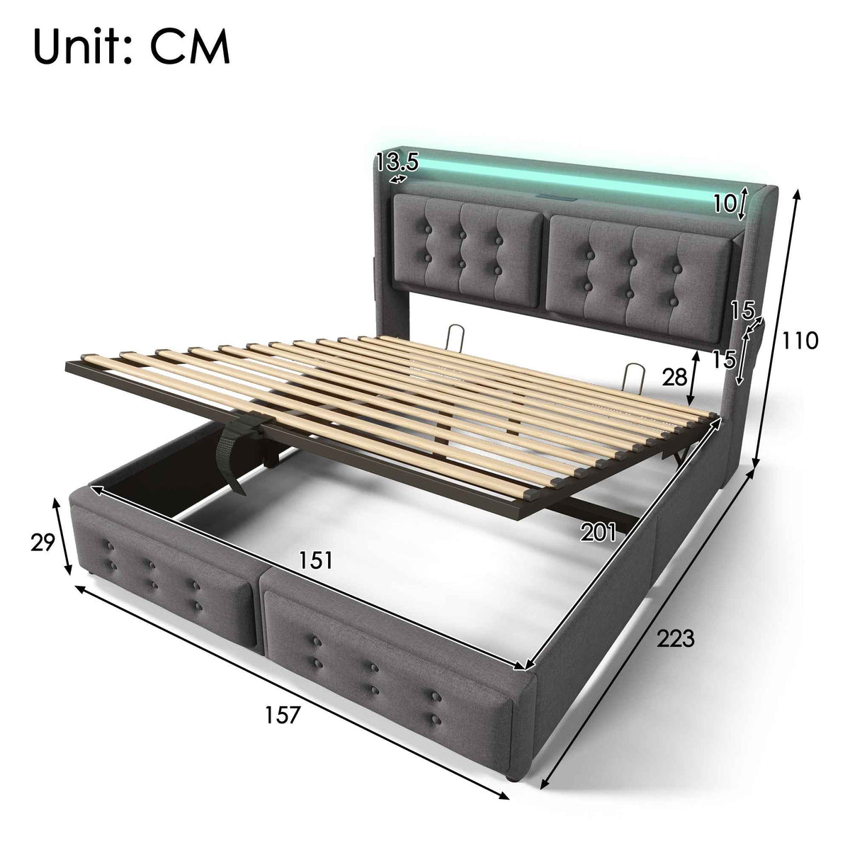 Upholstered King Bed, 5FT Hydraulic Bed With LED Lighting, USB Type-C Charging, Headboard For Cellphones & Tablets, 150 X 200 Cm, Linen, Grey  No Mattress