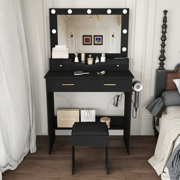 VERONA black Hollywood vanity desk with stool