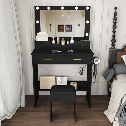VERONA black Hollywood vanity desk with stool
