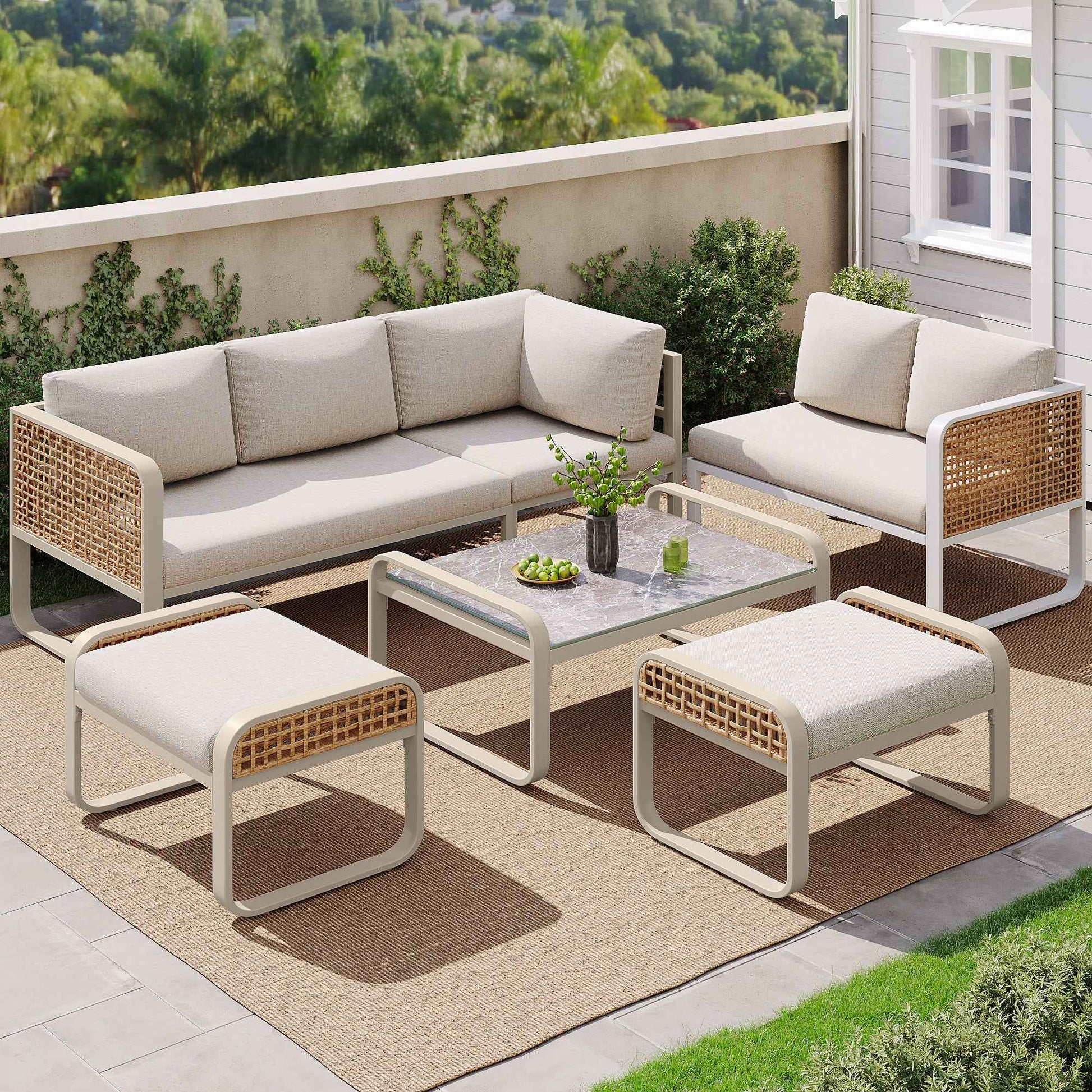 RIDO Outdoor Garden Lounge Set, Rattan Furniture Set For 6-7 People  Beige