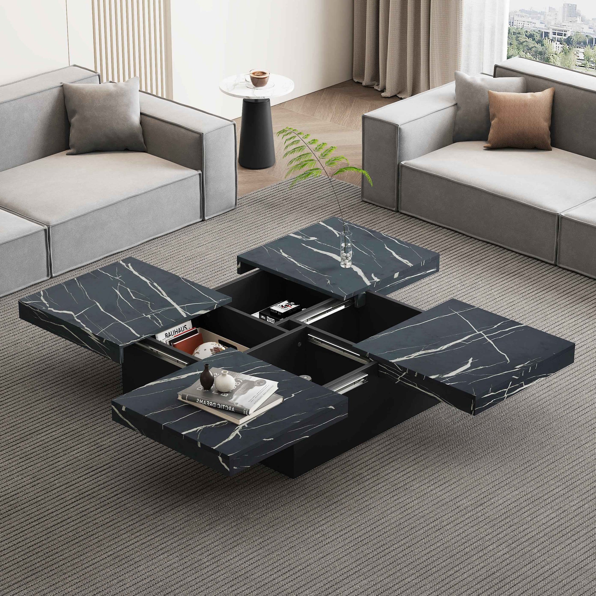 PORTO Modern Square Coffee Table With Marble Look, Centre Tea Table With 4 Sliding Drawers, 90x90 , Black