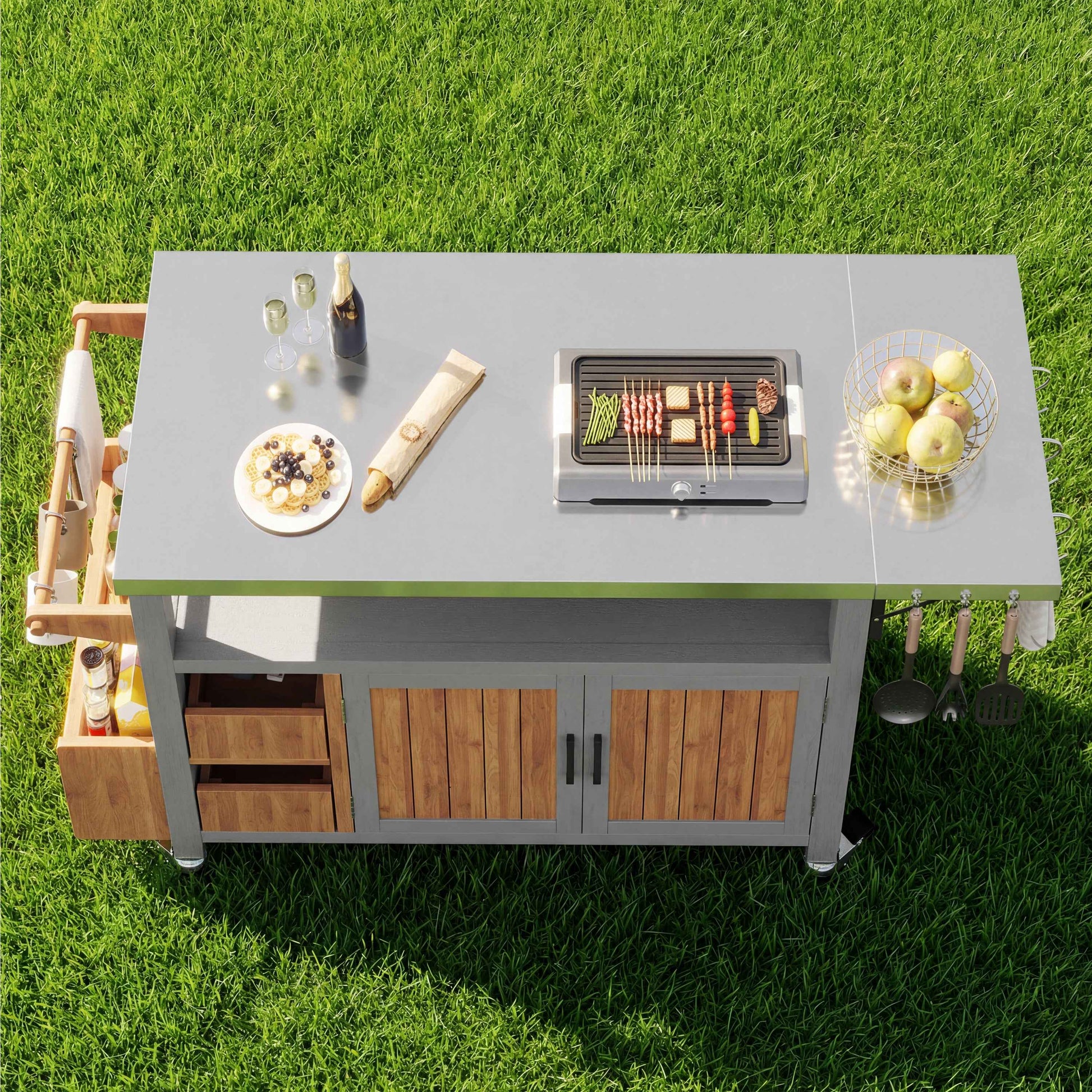 BBQ Side Table, Mobile Garden Cabinet, Weatherproof, Stainless Steel Worktop Solid Wood