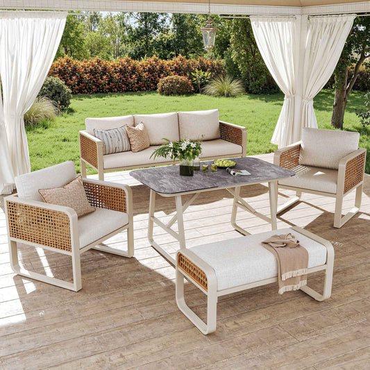 Garden Lounge Set For 6-7 People, PE Rattan Seating Group Incl. Side Table Beige