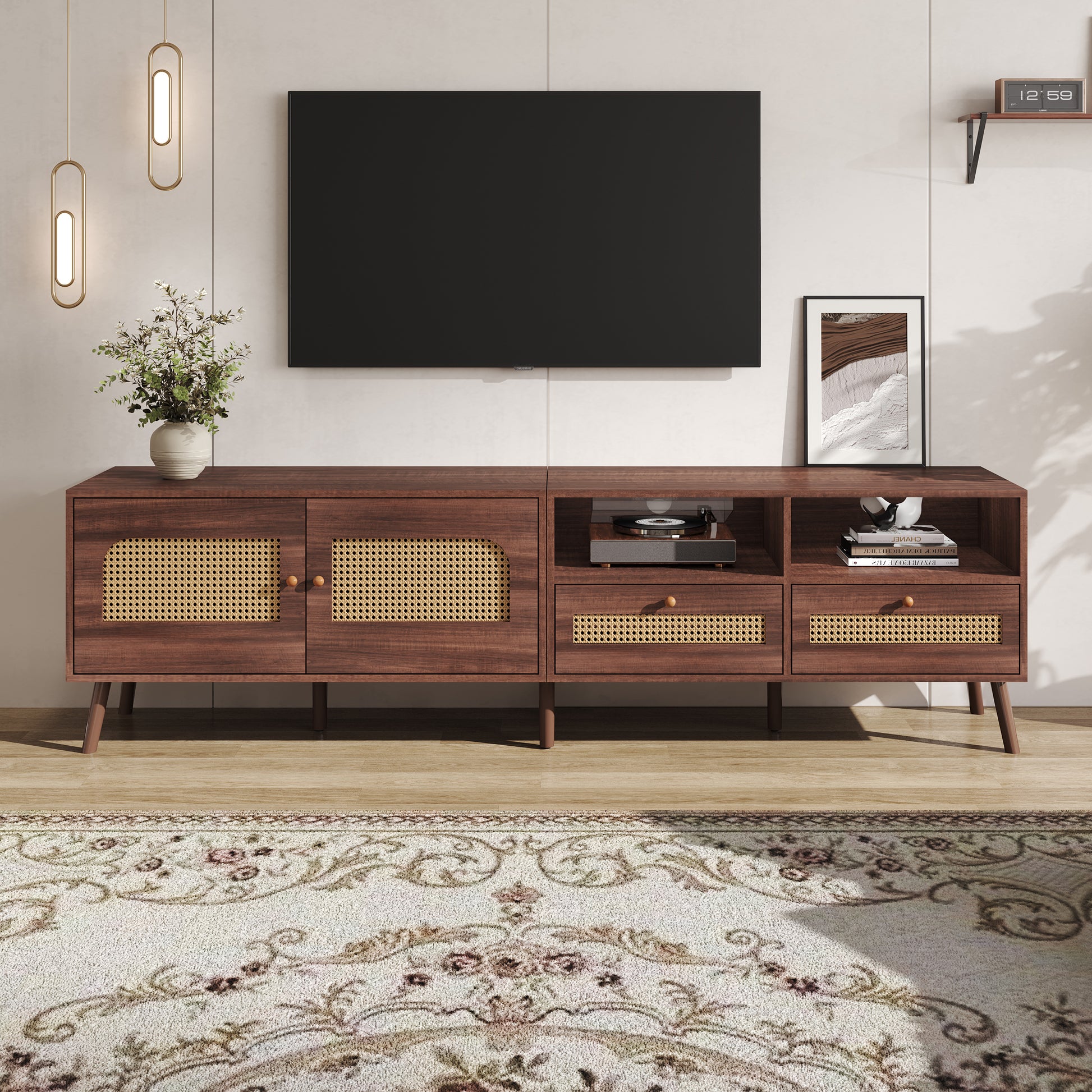 Wooden TV stand with decorative elements in a living room setting