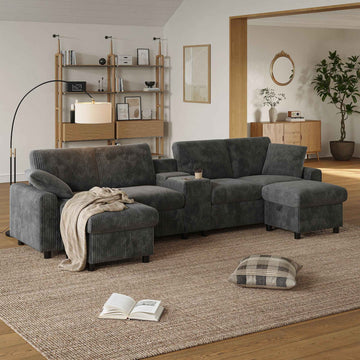 VANELY Comfy Corduroy U-shaped Sectional Sofa With 2 Movable Storage Ottomans, Grey, 315 X 135 X 81 CM