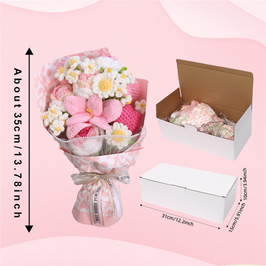 Handmade pink crochet lily and daisy bouquet, gift-wrapped – view 2