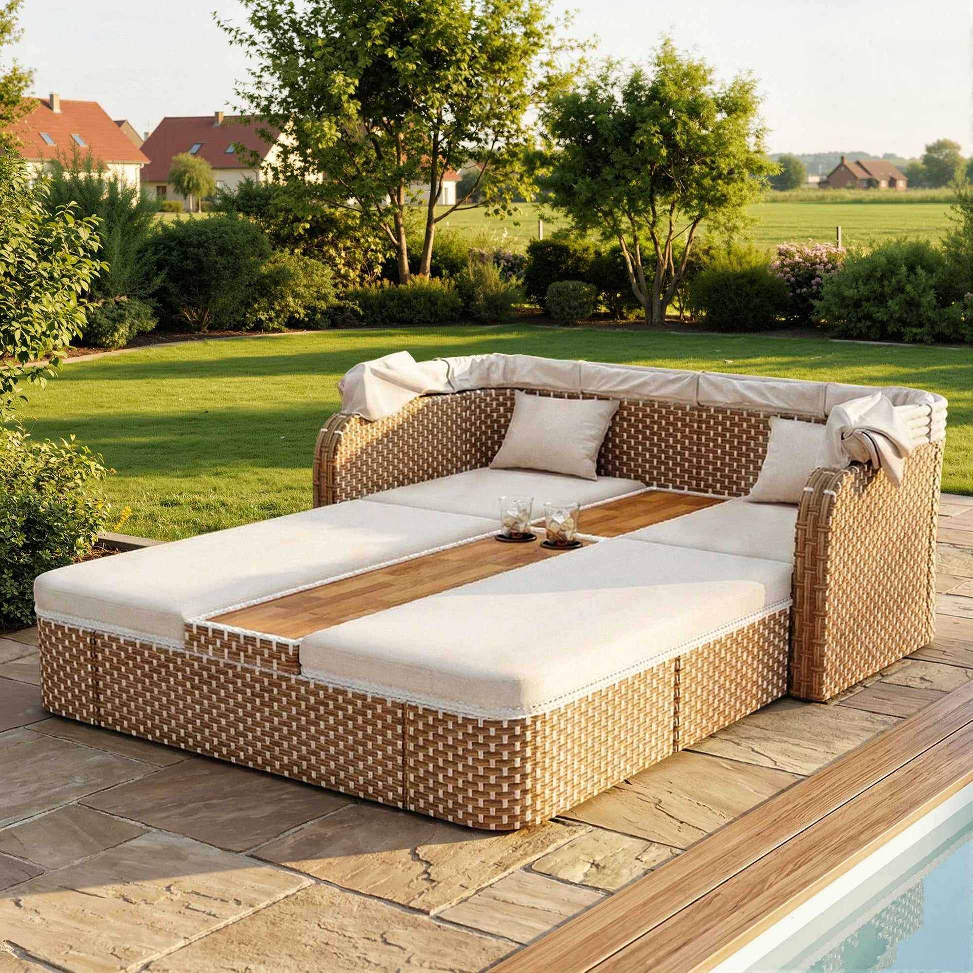 Outdoor Wicker Double Chaise Lounge With Adjustable Canopy, 5-Position Reclining Backrests, Built-in Cup Holders, For Patio & Poolside