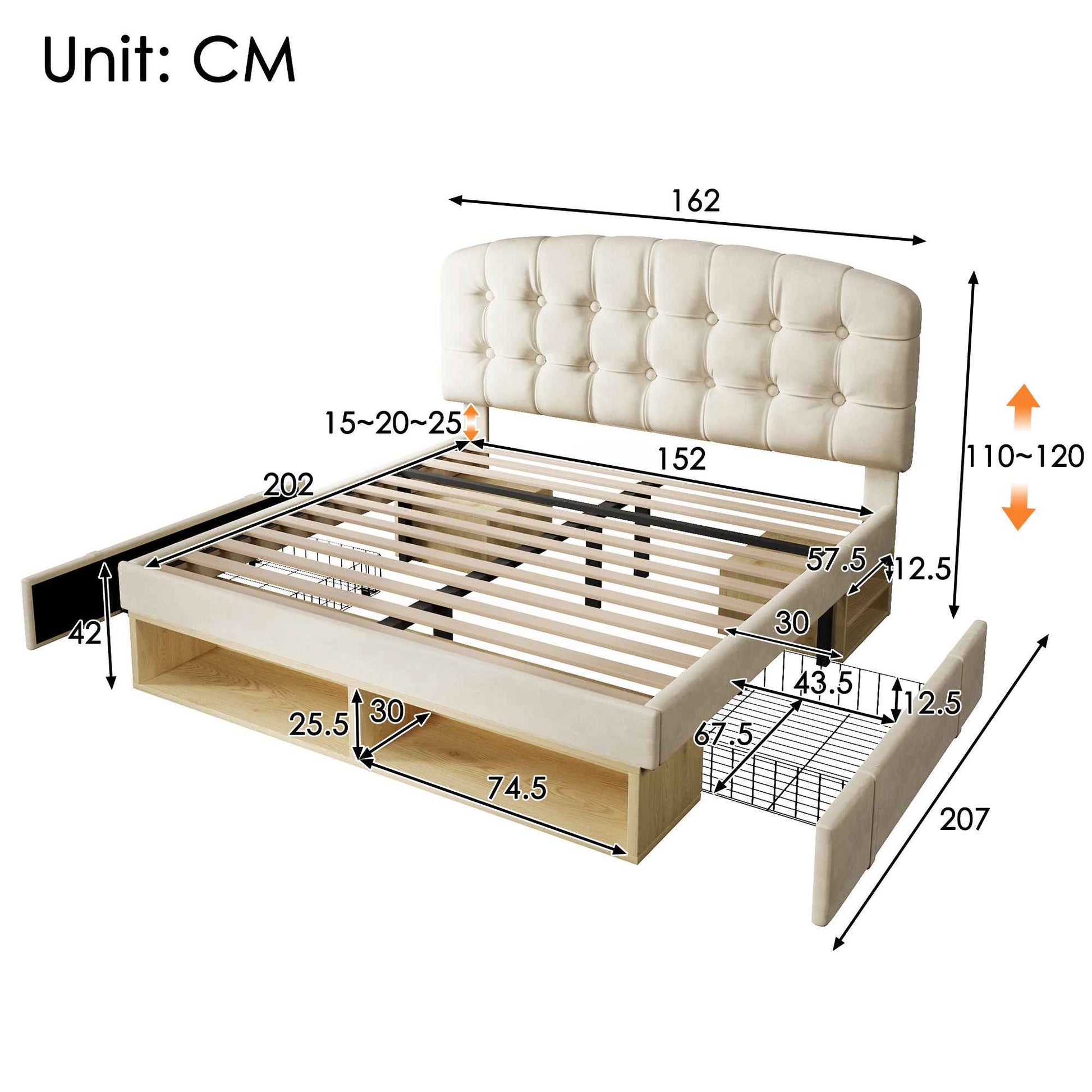 Upholstered King Bed With Storage Compartments And Drawers, 5ft King Bed With Adjustable Headboard, 150 X 200 Cm, Velvet, Beige   No Mattress